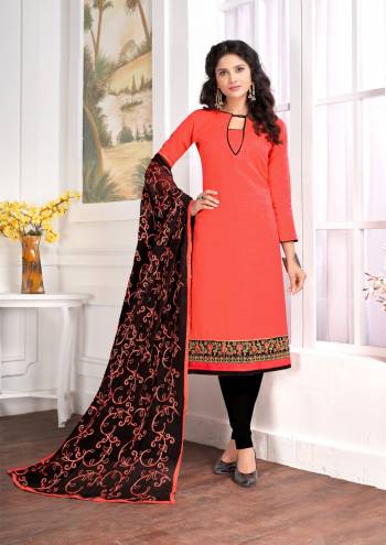 Flaunt Your Rich And Elegant In This Straight Suit In Dark Peach Colored Top Paired With Black Colored Bottom And Dupatta. This Dress Material Is Cotton Based Paired With Chiffon Dupatta. 