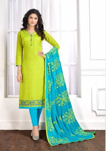 Regular And Pretty Combination Is Here With This Dress Material In Light Green Colored Top Paired With Contrasting Turquoise Blue Colored Bottom And Dupatta. Its Top And Bottom Are Cotton Based Paired With Chiffon Dupatta. Buy Now.