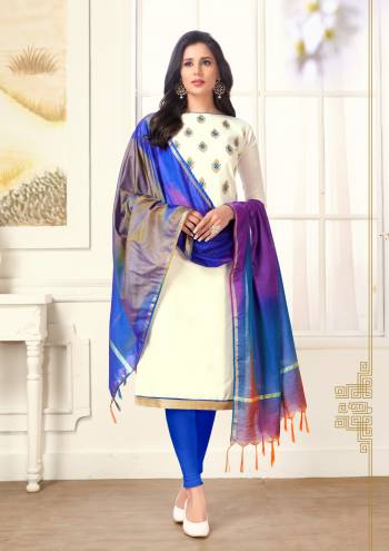 Simple And Elegant Looking Dress Material Is Here In White Colored Top Paired With Royal Blue Colored Bottom And Multi Colored Dupatta. Its Top And Bottom Are Cotton Based Paired With Art Silk Fabricated Dupatta. Buy Now.