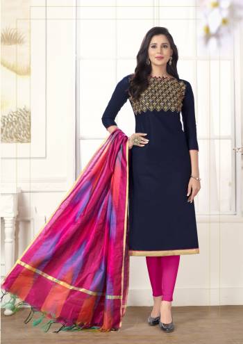 Enhance Your Persoanlity Wearing This Designer Dress Material In Navy Blue Color Paired With Contrasting Dark Pink Colored Bottom And Dupatta. Its Top And Bottom Are Cotton Based Paired With Art Silk Fabricated Dupatta. 