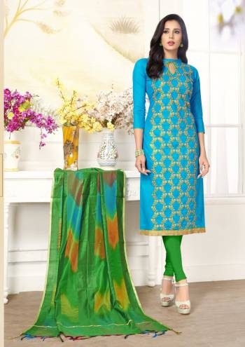 Quite Attractive Color Pallete Is Here With This Dress Material In Turquoise Blue Colored Top Paired With Contrasting Green Colored Bottom And Dupatta, Its Top and Bottom Are Fabricated On Cotton Paired With Art Silk Dupatta. Buy Now.