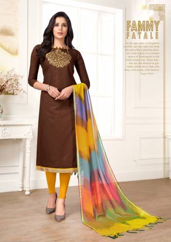 Enhance Your Persoanlity Wearing This Designer Dress Material In Brown Color Paired With Contrasting Musturd Yellow Colored Bottom And Multi Colored Dupatta. Its Top And Bottom Are Cotton Based Paired With Art Silk Fabricated Dupatta. 