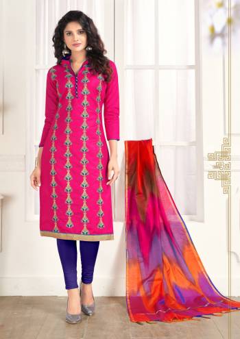 Shine Bright Wearing This Suit In Dark Pink Colored Top Paired With Violet Colored Bottom And Multi Colored Dupatta. Its Top And Bottom Are Cotton Based Paired With Art Silk Dupatta. Buy This Dress Material Now.