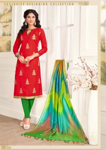 Add This Dress Material For Your Casual Or Semi-Casuals With This Red Colored Top Paired With Green Colored Bottom And Dupatta. Its Top And Bottom Are Cotton Fabricated Paired With Art Silk Dupatta. 