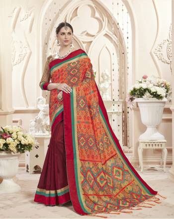 This Festive Season , Grab This Traditional Looking Silk Based Saree In Orange And Maroon Color Paired With Beige And Maroon Colored Blouse. This Saree And Blouse Are Silk Based Beautified With Prints. Buy Now.