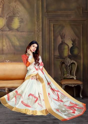 Simple Saree If Here For Your Semi-Casual Wear In White Color Paired Orange Colored Blouse. This Saree And Blouse Are Silk based Beautified With Prints All Over It. 