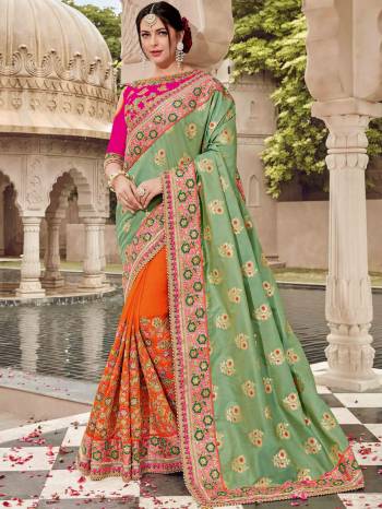 marvelously charming is what you will look at the next wedding gala wearing this beautiful pastel green and orange color two tone silk jacquard and silk fabrics saree. Ideal for party, festive & social gatherings. this gorgeous saree featuring a beautiful mix of designs. Its attractive color and heavy designer embroidered saree, moti design, also heavy designer blouse, half half design saree, beautiful floral design all over work over the attire & contrast hemline adds to the look. Comes along with a contrast unstitched blouse.