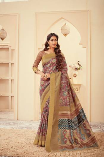 Grab This Silk Based Dusty Pink Colored Saree Paired With Beige Colored Blouse. This Saree And Blouse Are Beautified With Prints All Over It, Buy Now.