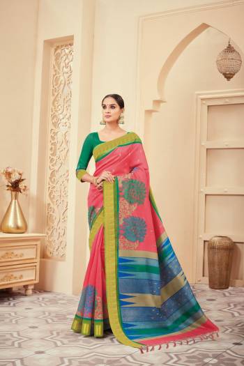 Look Attractive Wearing This Silk Based Saree In Old Rose Pink Color Paired With Contrasting Green Colored Blouse. This Saree And Blouse Are Fabricated On Art Silk Beautified With Prints All Over IT .