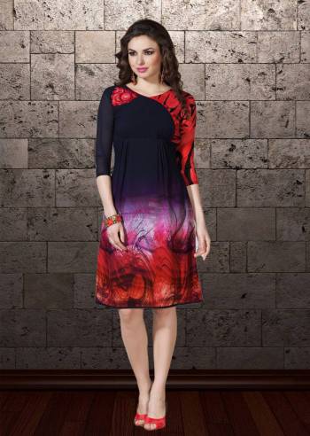 Beautiful Patterned Designer Readymade Kurti Is Here In Navy Blue And Red Color Fabricated On Georgette. 