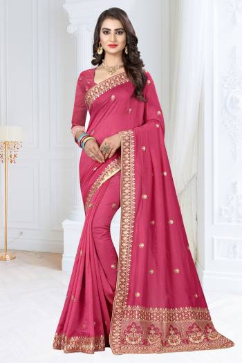 Look Pretty In This Silk Based Pink Colored Saree Paired With Pink Colored Blouse. Its Pretty Color, Rich Fabric And Minimal Embroidery Will Earn You Lots Of Compliments From Onlookers. 