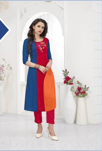 Go Colorful Wearing This Readymade Kurti In Royal Blue, Red And Orange Color. It Is Fabricated On Rayon Which Ensures Superb Comfort All Day Long. 