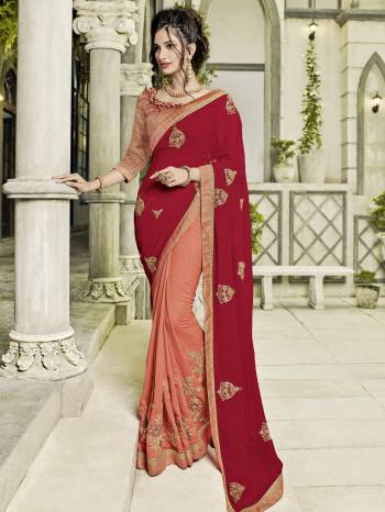 Flaunt a new ethnic look wearing this red and orange color georgette and silk fabrics saree. Ideal for party, festive & social gatherings. this gorgeous saree featuring a beautiful mix of designs. designer embroidered saree, patch design, stone, heavy designer blouse, two color sarees, beautiful floral design Comes along with a contrast unstitched blouse.