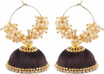 Add This Very Pretty Jhumki Styled Earring Set In Brown Color Made With Resham Thread. This Pretty Can Be Paired With Any Same Or Contrasting Colored Attire. Buy This Now.