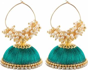 Add This Very Pretty Jhumki Styled Earring Set In Turquoise Blue Color Made With Resham Thread. This Pretty Can Be Paired With Any Same Or Contrasting Colored Attire. Buy This Now.