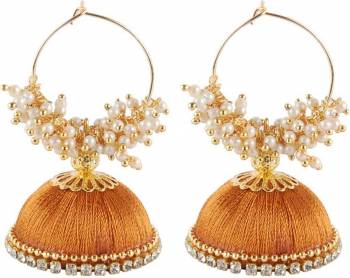 Add This Very Pretty Jhumki Styled Earring Set In Beige Color Made With Resham Thread. This Pretty Can Be Paired With Any Same Or Contrasting Colored Attire. Buy This Now.