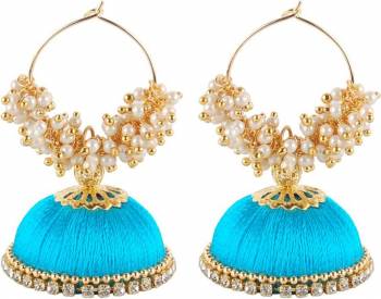 Add This Very Pretty Jhumki Styled Earring Set In Light Blue Color Made With Resham Thread. This Pretty Can Be Paired With Any Same Or Contrasting Colored Attire. Buy This Now.