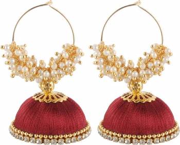 Add This Very Pretty Jhumki Styled Earring Set In Maroon Color Made With Resham Thread. This Pretty Can Be Paired With Any Same Or Contrasting Colored Attire. Buy This Now.