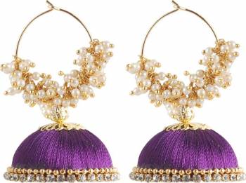 Add This Very Pretty Jhumki Styled Earring Set In Purple Color Made With Resham Thread. This Pretty Can Be Paired With Any Same Or Contrasting Colored Attire. Buy This Now.