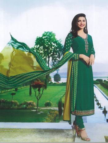 Celebrate This Festive Seaosn Wearing This Beautiful Designer Straight Suit In Green Color Paired With Pear Green Colored Dupatta, Its Top IS Crepe Fabricated Paired With Santoon Bottom And Chiffon Dupatta. Buy Now.