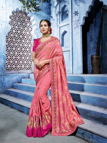 Look Pretty Wearing This Designer Saree In Light Pink Color Paired With Light Pink Colored Blouse. This Saree And Blouse Are Silk Based Beautified With Heavy Embroidery And Weave, Buy This Saree Now.