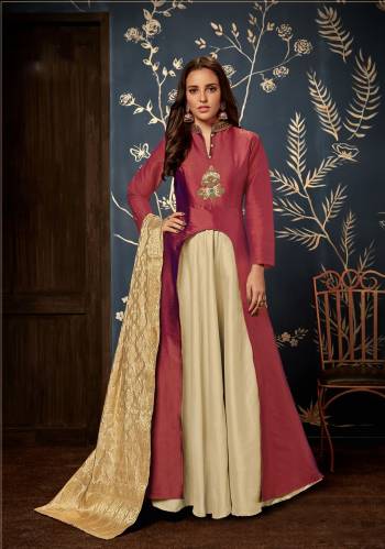 Get Ready For The Next Party With This Designer Readymade Gown In Red Color Paired With Cream Colored Dupatta, Both Its Top And Dupatta Silk Based Which Gives A Rich Look To Your Personality. Buy This Now.