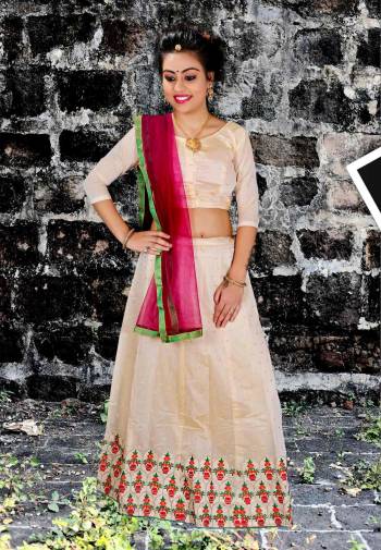 Simple And Elegant Looking Designer Lehenga Choli Is Here In Beige Color Paired With Rani Pink Colored Dupatta. Its Blouse And Lehenga Are Fabricated On Jacquard Silk Paired With Net Fabricated Dupatta. 