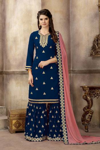 Shine Bright Wearing This Designer Sharara Suit In Royal Blue Color Paired With Contrasting Baby Pink Colored Dupatta. This Pretty Suit Is Georgette Based Paired With Chiffon Dupatta. Also Its Fabric Enures Superb Comfort Throughout The Gala.