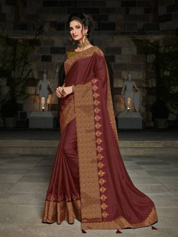 Impress everyone with your amazing Trendy look by draping this maroon color satin silk saree. this party wear saree won't fail to impress everyone around you. this gorgeous saree featuring a beautiful mix of designs. Its attractive color and designer heavy embroidered design, designer blouse, beautiful floral design work over the attire & contrast hemline adds to the look. Comes along with a contrast unstitched blouse.