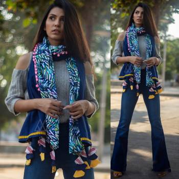 Give A Lovely Enhanced Look To Your Attire By Paring It With This Beautiful Scarf Fabricated On Khadi Cotton. This Scarf Is Beautified With Prints And Tassels. Also It Can Be Paired With Western Top, One Piece Or Kurti. Buy Now.