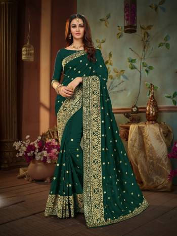 Elegant And Rich looking Saree Is Here With This Beautiful Pine Green Colored Saree Paired With Pine Green Colored Blouse. This Saree And Blouse Are Silk Based Beautified With Attractive Jari Work. Buy Now.