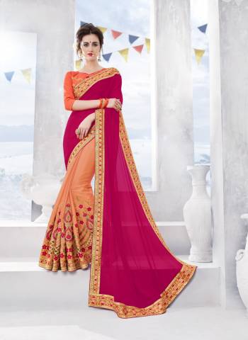 Bright And Visually Appealing Colors Are Here With This Designer Saree In Dark Pink And Orange Color Paired With Orange Colored Blouse. This Saree Is Chiffon Based Paired With Art Silk Fabricated Blouse. 