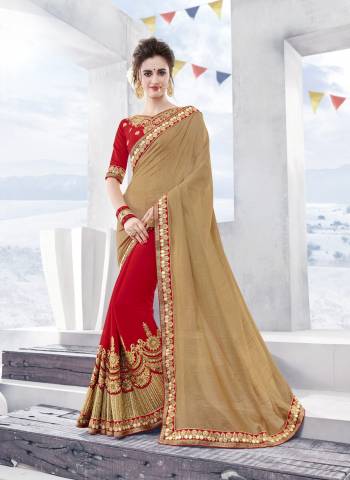 Celebrate This Festive Season with Beauty And Comfort Wearing This Designer Saree In Beige And Red Color Paired With Red Colored Blouse. This Saree Is Chiffon Based Paired With Art Silk Fabricated Blouse. Buy It Now.