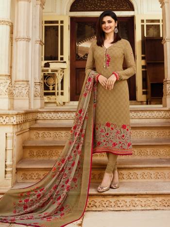 Simple And Elegant looking Designer Straight Suit Is Here In Beige Color Paired With Beige Colored Bottom And Dupatta. Its Top Is Crepe Based Paired With Santoon Bottom And Chiffon Dupatta. 