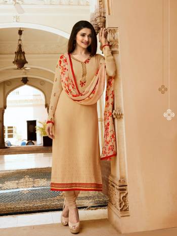 Simple And Elegant looking Designer Straight Suit Is Here In Beige Color Paired With Beige Colored Bottom And Dupatta. Its Top Is Crepe Based Paired With Santoon Bottom And Chiffon Dupatta. 