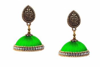 Here Is A Unique Patterned Jhumki Styled Earrings Made With Metl And Resham Thread. This Earrings Can Be Paired with Any Same Or Contrasting Colored Traditional Colored Attire. Buy Now.