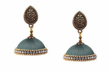 Grab This Beautiful Earrings Set In Jhumki Style Which Can Be Paired With Any Contrasting Or Same Colored Traditional Attire. Mixture Of Metal And Resham Thread Are Used To Make This Beautiful Earrings Beautified With Stone Work. 