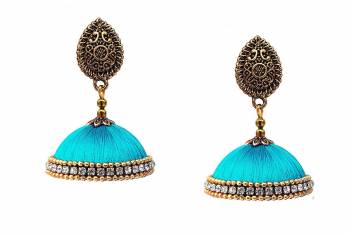 Here Is A Unique Patterned Jhumki Styled Earrings Made With Metl And Resham Thread. This Earrings Can Be Paired with Any Same Or Contrasting Colored Traditional Colored Attire. Buy Now.