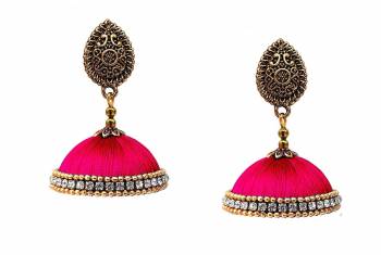 Grab This Beautiful Earrings Set In Jhumki Style Which Can Be Paired With Any Contrasting Or Same Colored Traditional Attire. Mixture Of Metal And Resham Thread Are Used To Make This Beautiful Earrings Beautified With Stone Work. 