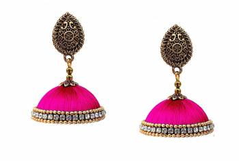 Here Is A Unique Patterned Jhumki Styled Earrings Made With Metl And Resham Thread. This Earrings Can Be Paired with Any Same Or Contrasting Colored Traditional Colored Attire. Buy Now.