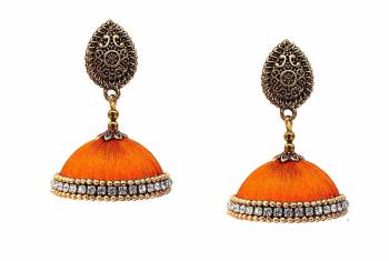 Grab This Beautiful Earrings Set In Jhumki Style Which Can Be Paired With Any Contrasting Or Same Colored Traditional Attire. Mixture Of Metal And Resham Thread Are Used To Make This Beautiful Earrings Beautified With Stone Work. 