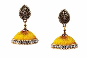 Here Is A Unique Patterned Jhumki Styled Earrings Made With Metl And Resham Thread. This Earrings Can Be Paired with Any Same Or Contrasting Colored Traditional Colored Attire. Buy Now.