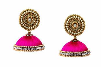 Grab This Beautiful Earrings Set In Jhumki Style Which Can Be Paired With Any Contrasting Or Same Colored Traditional Attire. Mixture Of Stone, Pearl And Resham Thread Are Used To Make This Beautiful Earrings Beautified With Stone Work.