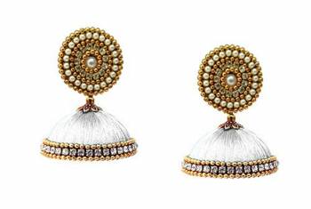 Here Is A Unique Patterned Jhumki Styled Earrings Made With Stone, Pearl And Resham Thread. This Earrings Can Be Paired with Any Same Or Contrasting Colored Traditional Colored Attire. Buy Now. 