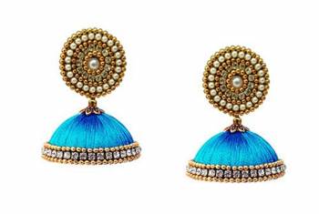 Here Is A Unique Patterned Jhumki Styled Earrings Made With Stone, Pearl And Resham Thread. This Earrings Can Be Paired with Any Same Or Contrasting Colored Traditional Colored Attire. Buy Now. 