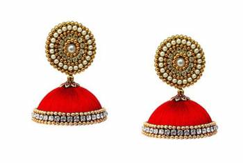 Here Is A Unique Patterned Jhumki Styled Earrings Made With Stone, Pearl And Resham Thread. This Earrings Can Be Paired with Any Same Or Contrasting Colored Traditional Colored Attire. Buy Now. 