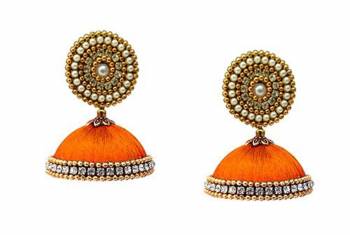 Here Is A Unique Patterned Jhumki Styled Earrings Made With Stone, Pearl And Resham Thread. This Earrings Can Be Paired with Any Same Or Contrasting Colored Traditional Colored Attire. Buy Now. 