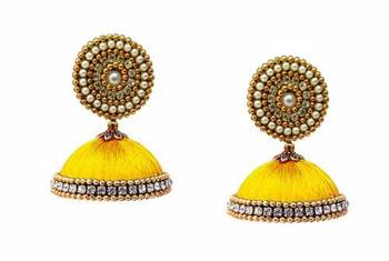 Here Is A Unique Patterned Jhumki Styled Earrings Made With Stone, Pearl And Resham Thread. This Earrings Can Be Paired with Any Same Or Contrasting Colored Traditional Colored Attire. Buy Now. 