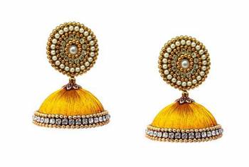 Here Is A Unique Patterned Jhumki Styled Earrings Made With Stone, Pearl And Resham Thread. This Earrings Can Be Paired with Any Same Or Contrasting Colored Traditional Colored Attire. Buy Now. 