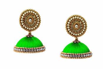 Here Is A Unique Patterned Jhumki Styled Earrings Made With Stone, Pearl And Resham Thread. This Earrings Can Be Paired with Any Same Or Contrasting Colored Traditional Colored Attire. Buy Now. 